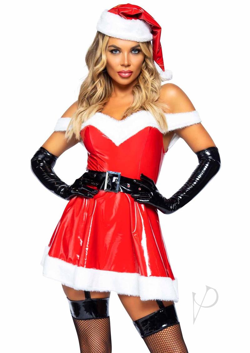 Leg Avenue Naughty Santa Off The Shoulder Vinyl Dress with Tie Back Halter Straps, Belt and Santa Hat