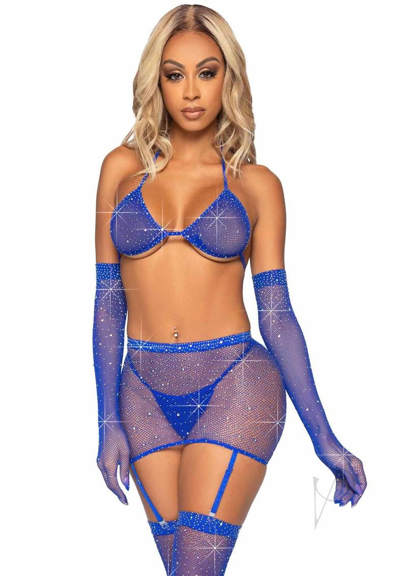 Leg Avenue Rhinestone Fishnet Garter Skirt Set with Bikini Top, G-String, Gloves and Matching Stockings (5 piece) - O/S